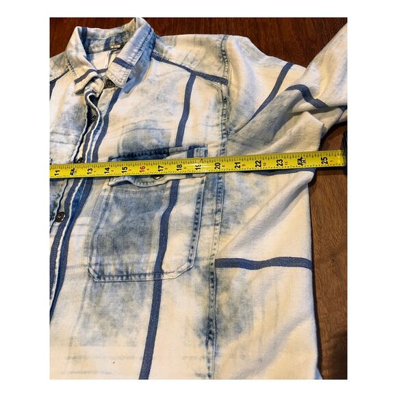 Free People Plaid Button Down Shirt Blue Tan Distressed Wash M Medium Boho - Picture 8 of 10